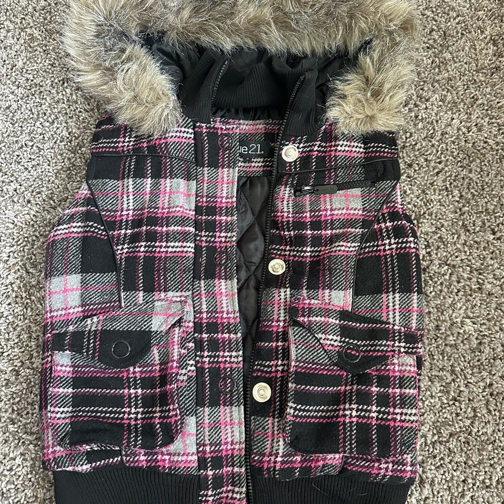 Plaid Hooded Vest with Faux Fur Trim